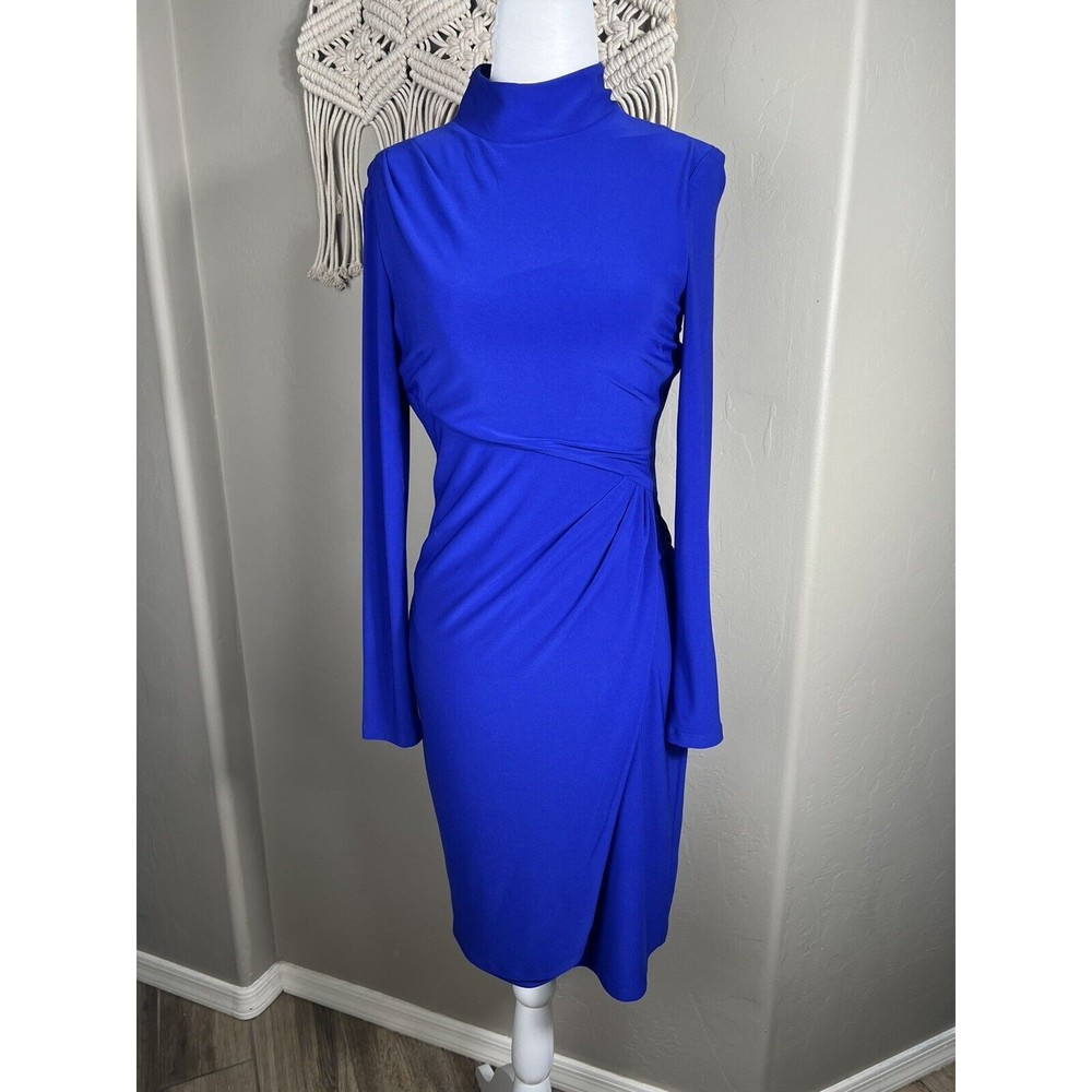 Lauren RALPH LAUREN Womens Blue Sz 2 Ruched Mock Neck Modest Faux Wrap Dress